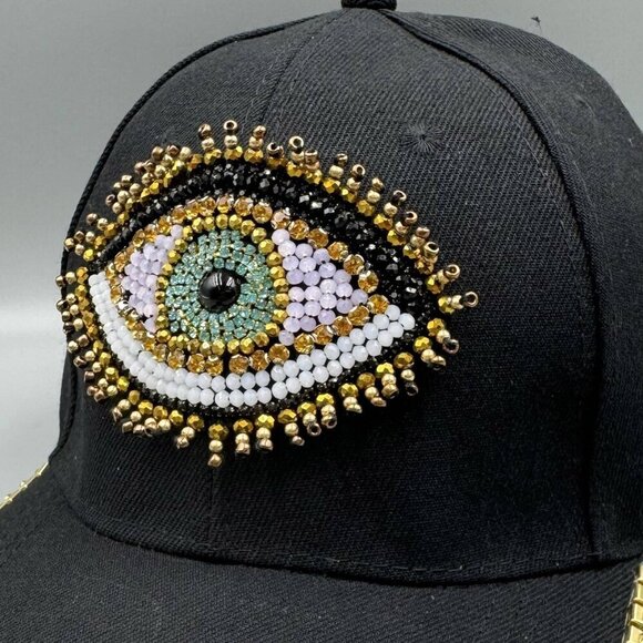 Evil Eye Seed Bead Rhinestone Cap - Picture 4 of 6